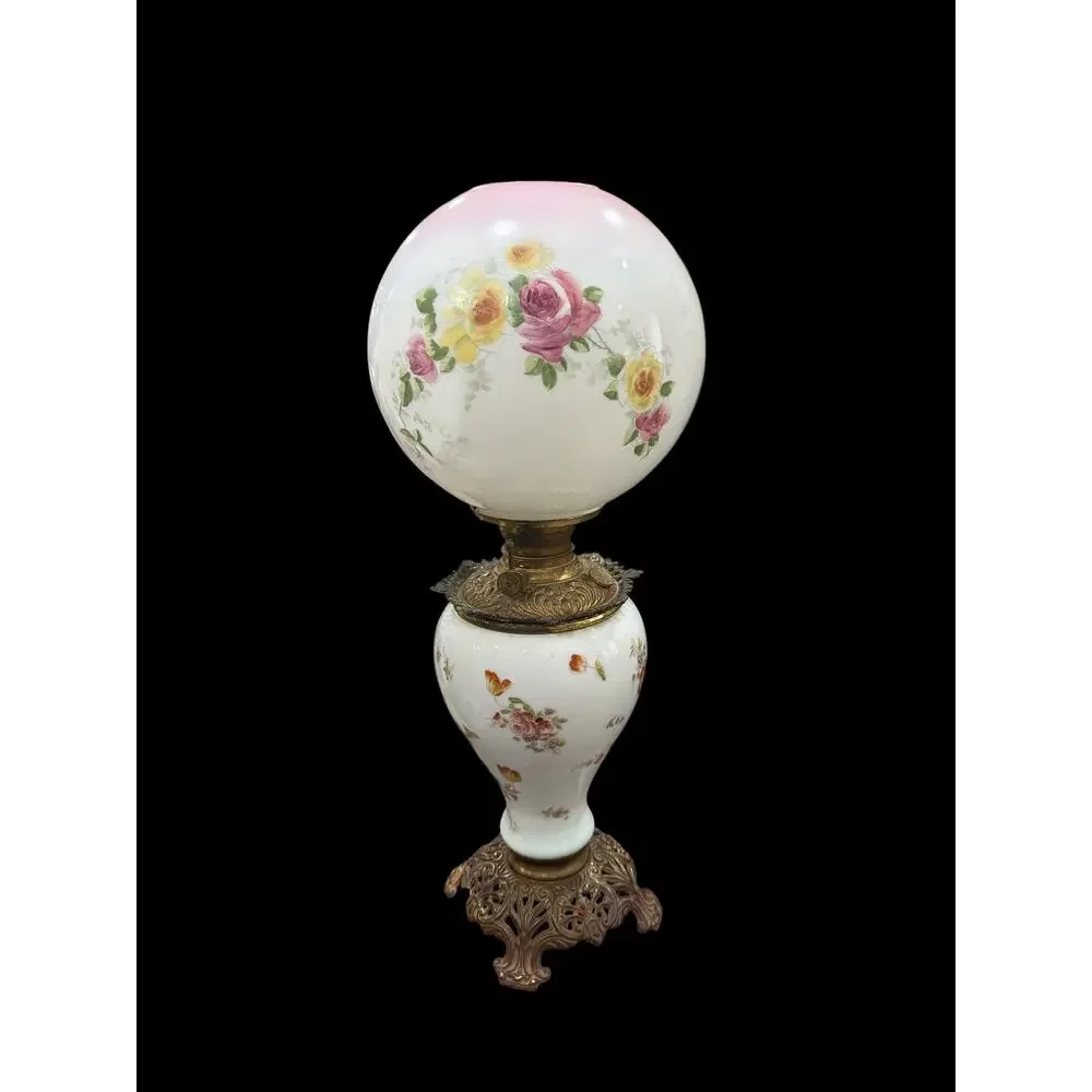 Antique Gone With the Wind Lamp Hand Painted Floral Globe Electrified 25